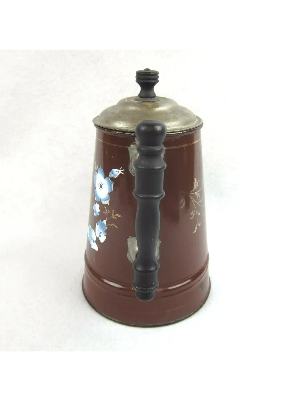 Antique Enamelware Coffee Pot Boiler Brown & Blue Flower Floral Lid Handle RARE